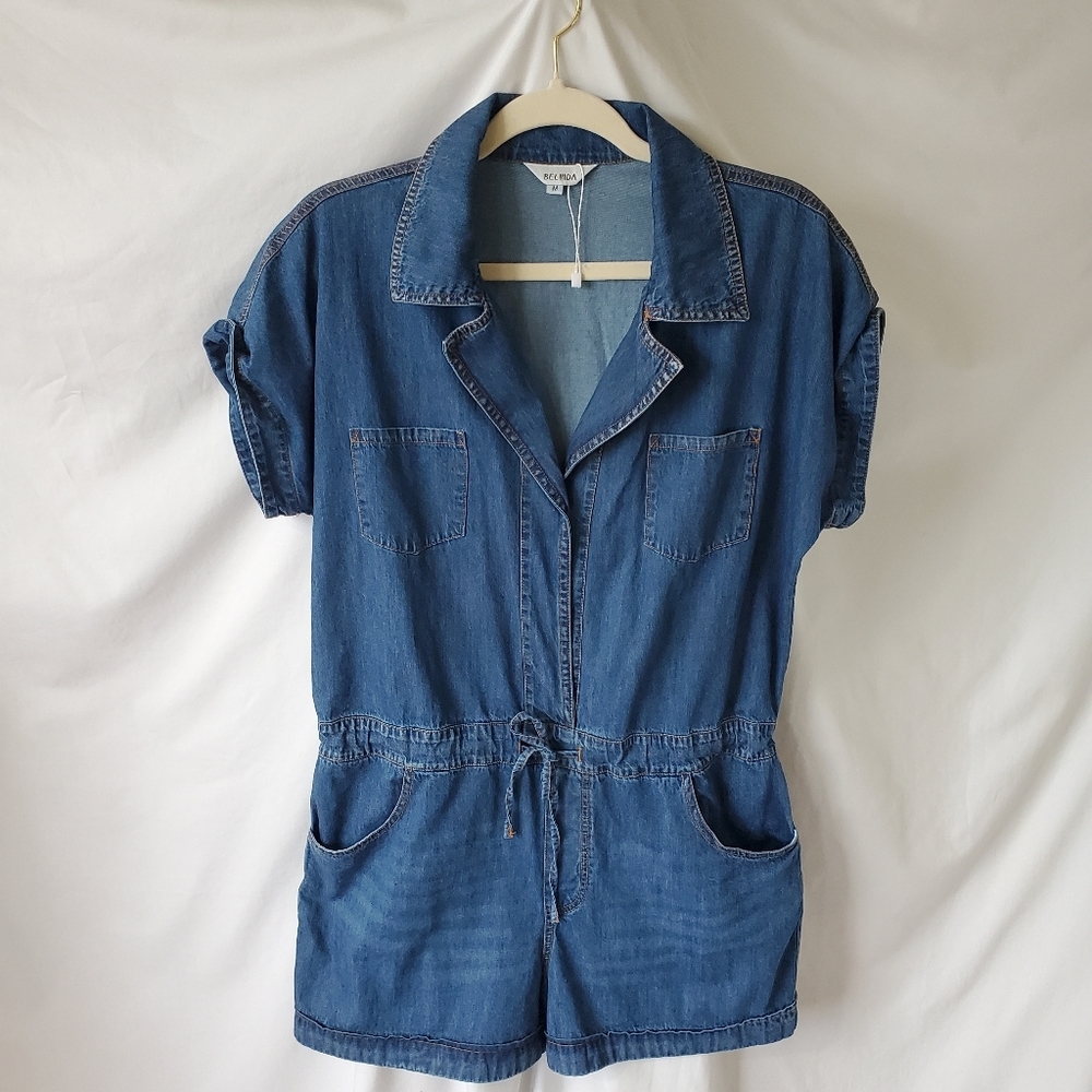 Denim Romper Button Up with Drawstring Waist Dark Jean - M